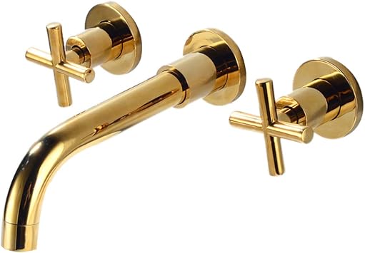 Wall Mount Bathroom Faucet Gold High Flow Two Handles 3 Holes