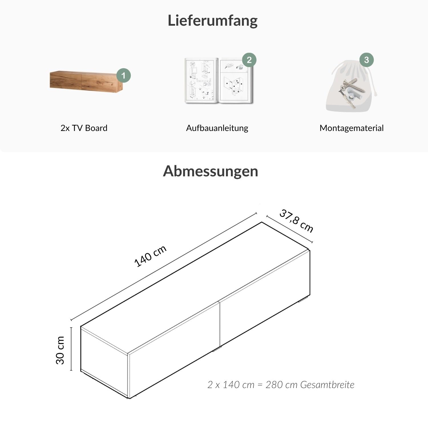 Planetmöbel West TV-Schrank, Fernsehtisch 280 cm lang, TV-Board | für Fernseher bis 65 Zoll, TV Board viel Stauraum, lowboard hängend, 2x Fernsehschrank 140 x 30 x 37,5 cm, gold eiche