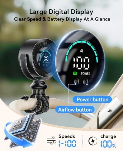 KIMMOO Portable Baby Stroller Fan, 360° Adjustable Quiet Rechargeable USB Fan with LED Display, 100 Speeds Safe Clip Fan for Stroller, Powerful Cooling Fan for Golf Car Seat Treadmill Travel, Black — view 6