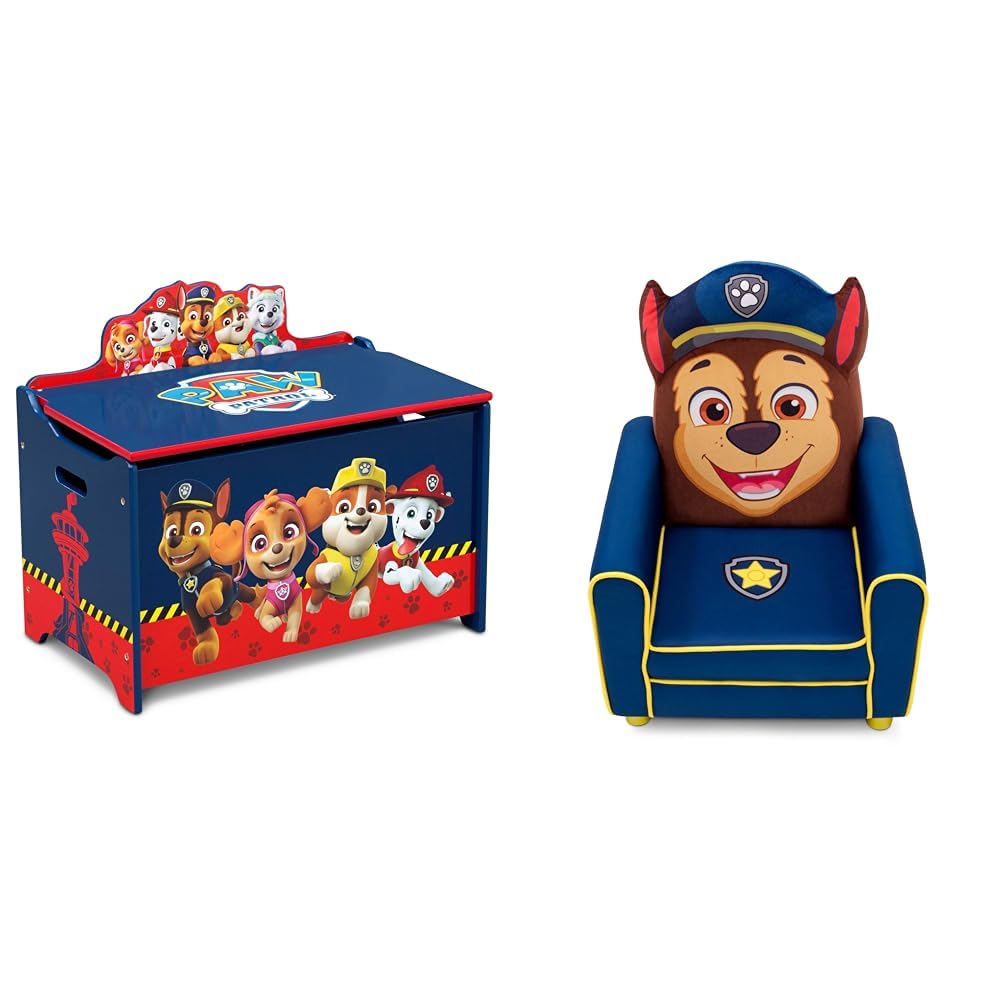 Delta Children Deluxe Toy Box, PAW Patrol & Figural Upholstered Kids Chair, Nick Jr. PAW Patrol Chase,Wood, Blue