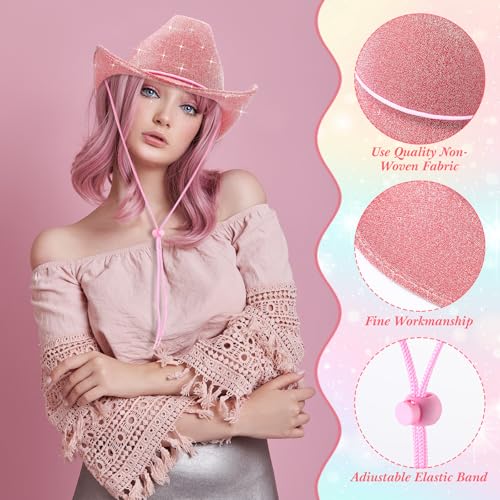 Image of Coume 12 Pcs Sparkly Adults Cowboy Hat and Bandanas Women Men Western Glitter Cowgirl Party Hats with Adjustable Drawstring