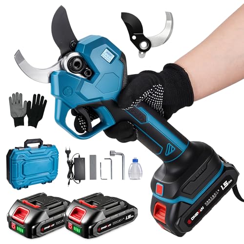 ONEVAN Coupe-branches sans fil Brushless, 600 W, Ø 40 mm, avec 2 lames SK5, batteries et chargeur, coupe des branches jusqu'à 40 mm, pour élagage d'arbre et jardin