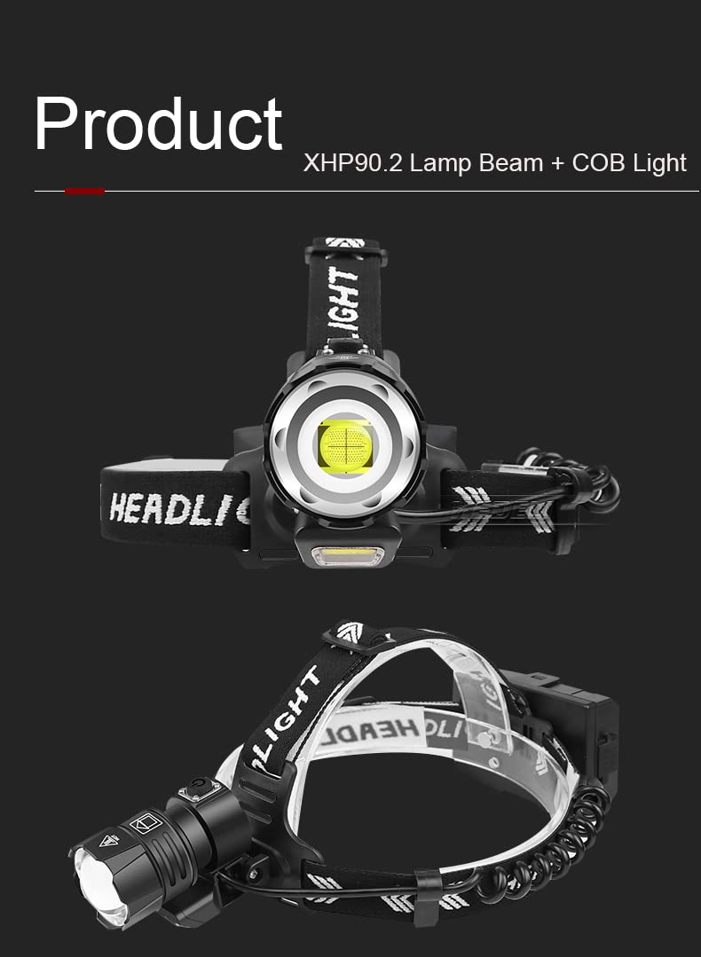 Lampe frontale LED XHP90.2 rechargeable 12000 lumens, lampe frontale LED puissante zoom avec COB et affichage de la puissance 4 modes pour le camping, la réparation de voiture