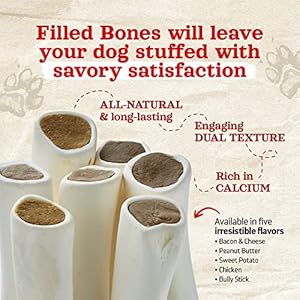 Natural Farm Filled Dog Bones, Bacon & Cheese Flavor (5-6 Inch, 3 Pack), Limited Ingredient Stuffed Dental Dog Bone Treats for Large Dogs
