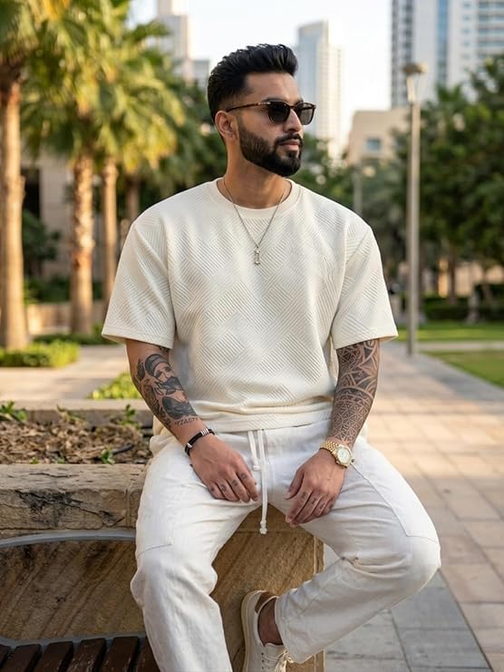 Image of GRECIILOOKS Oversized T Shirt for Men |Summer T-Shirt for Man | Men's Textured Knit Tshirts Summer Casual Round Neck Tee - Lightweight Short Sleeve Streetwear Fashion Trendy Everyday Wear