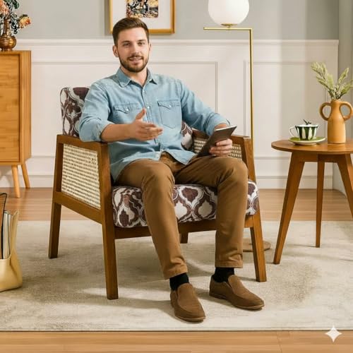 Image of Solid Sheesham Wood Arm Chair with Cushion || Cane Chairs for Balcony || Wooden Chair for Living Room Furniture || Modern Accent Chair for Living Room, Rattan Cane Chairs, Dining Chair Brown Finish