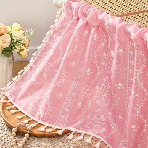 Image of Yinhua Boho Valance Curtains Vintage Linen Pink Kitchen Valances for Windows Light Filtering Bohemian Floral Valance Rod Pocket Farmhouse Tassel Window Valances for Bathroom Cafe, 52 inch W X 18 inch L