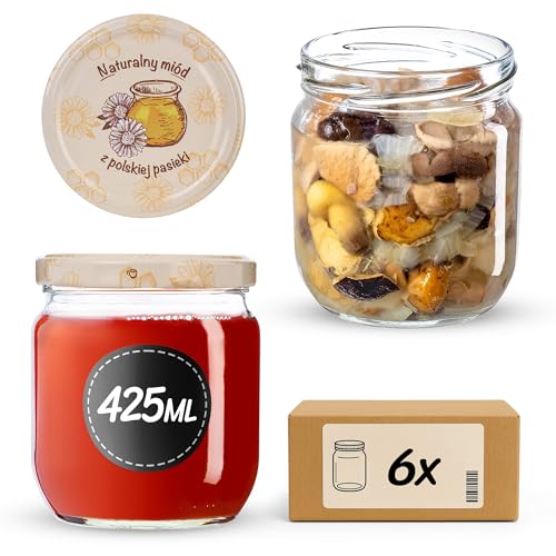 KADAX Tarros de conservas de 425 ml, con tapa de rosca fi82, tarros con tapón de rosca, tarros de conserva, tarros para mermeladas, conservas, miel (miel polaca, 6 unidades)