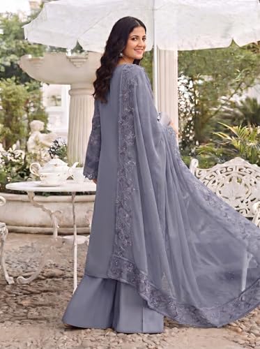 Image of RUDRAPRAYAG Women's Georgette Fabric Wih Embroidered Sequence Work And On Neck Moti Hand Work Semi Stitched Sharara Salwar Suit With Dupatta Set
