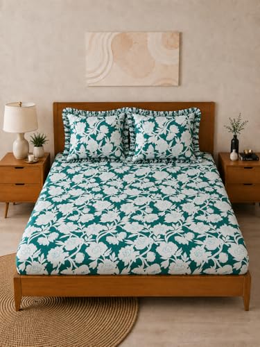 Image of 380 TC Premium Glace Cotton Elastic Fitted Bedsheet King Size with 2 Pillow Covers King Size | Double Bed with All Around Elastic (GreenWhite, Fitted Queen-60x78)