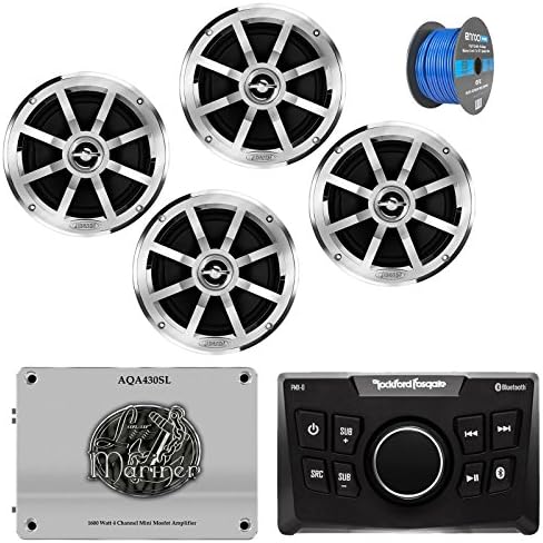 Rockford Fosgate PMX-0 Ultra Compact Bluetooth Marine Boat Digital Media Receiver Bundle Combo With 4x Jensen MSX60CPR 6.5" 2-Way Speakers + Lanzar 1800 Watt Amplifier + 22" Radio Antenna + 50 Ft Wire
