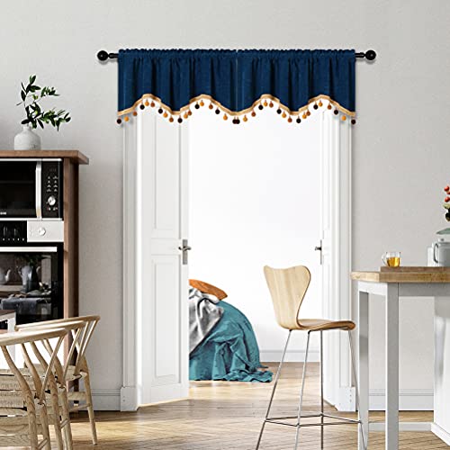 Elkca Soft Velvet Curtain Tier For Bedroom Navy Scalloped Valance For Living Room Kitchen Cafe Curtains,Pack Of 1(Navy, 52" W X 18" L) #TOP7