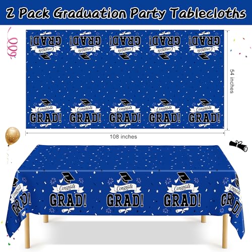 Image of QZYL 2 PCS Graduation Decorations 2026, 108 inch X 54 inch Blue Graduation Tablecloth, Disposable Plastic Class of 2026 Tablecover, Rectangle Congrats Grad Table Cover for Grad Decor Party Supplies for Kids