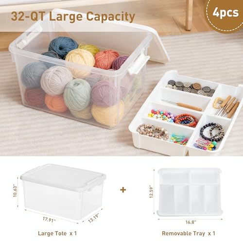 Image of Citylife 32 QT Stackable Toy Storage with Building Baseplate Lid and Removable Tray Tool Box Organizer Storage Bins with Lids for Organizing Bead, Tool, Sewing, 4 Packs