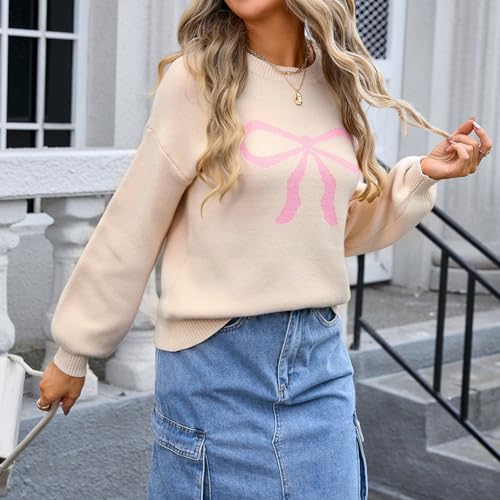 Image of Womens Knitted Pullover Bow Sweater Long Sleeve Crewneck Y2k Casual Bow Top