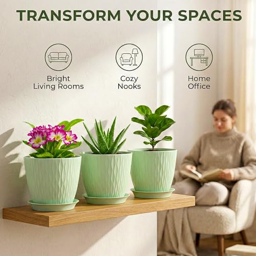 Image of Eightiz (Pack of 5 6 Inch Plastic Flower Pots for Indoor & Outdoor Terrace,Garden Plants Decorative Planters with Drainage Holes & Matching Saucers Durable & Lightweight (Green)