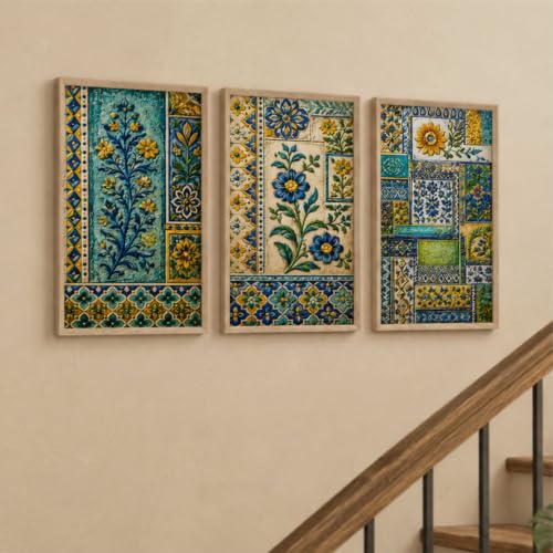 Image of Livin'luxe Set of 3 Blue Yellow Floral Tile Wall Paintings for Living Room Dining Bedroom Home Decor with Premium Wooden Color Synthetic Frame (13.5 x 19.5 Inch) NM03-70