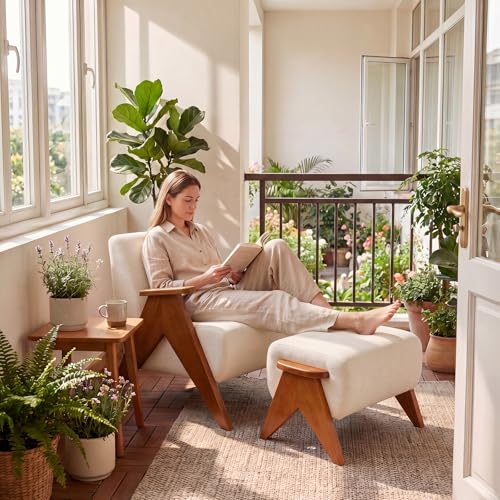 Sillón tapizado chenille Beige estructura madera miniatura 5