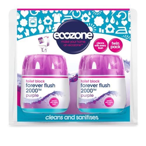 EcoZone Forever Flush 2000 Purple Toilet Blocks Eco Friendly Alternative to Loo Rim Hangers Cistern Capsules Clean & Descale WCs Natural Vegan & Non Toxic Cleaner Recyclable Plastic (Set of 2)