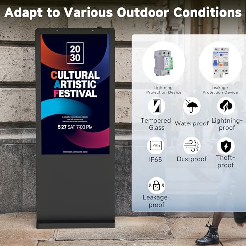 Image of 55 Inch Floor Standing Outdoor Digital Signage - IP65 Waterproof Display with 4500nits Brightness, WiFi /HDMI /USB Input for Retail, Subway & Restaurants