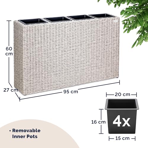 CASARIA® Flower Box | Large Tall Rattan Flower Pot Planter | 4 Removable Inner Plant Pots With Water Drain | Poly Rattan Mesh Trough Flower Box Planters Outdoor Garden | 95x27x60cm | Cream - Image 2