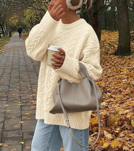 Okiwam Women's Oversized Sweaters Crewneck Cable Knit Pullover Casual Loose Fall Outfits Fashion Clothes 20252