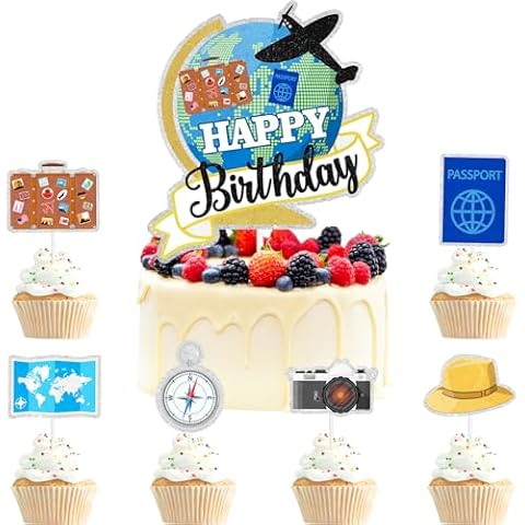 Around the World Cake Toppers 7-piece Set Travel Theme Happy Birthday, Airplane Map Lets the Adventure Begin, suitable for themed birthday parties and retirement parties Bon Voyage decoration. LIANGSS Cover