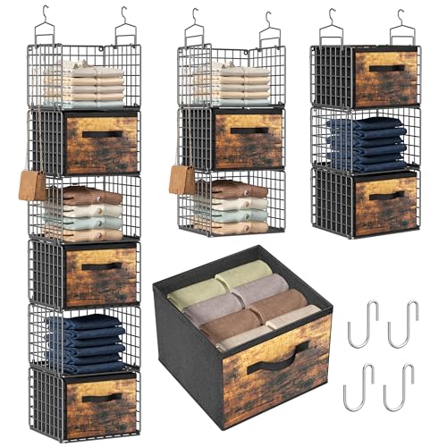 Closet Hanging Organizer with Drawers, 6 Tier Metal Closet Organizers and Storage with 4 Hanging Hooks 4 S-Hooks for Wardrobe Laundry Room, Wire Storage Shelf for Clothes Sweaters Pants (Black)