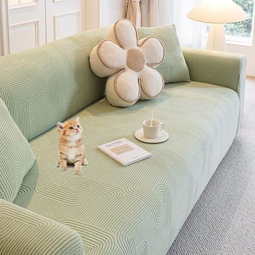 Nnamiiko ソファーカバー ストレッチ 1人掛け 肘付き 一体型 かけるだけ 伸縮性 犬猫対策 北欧風 フィットタイプ おしゃれ ソファー保護カバー 縦横弾力 肌触り良い 柔らかい 犬 猫 傷 防止 四季適用(1人掛け90-140cm, グリーン)