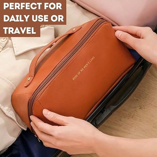 BLUE CRANE Women’s Large Capacity Cosmetic Travel Bag - Waterproof Leather Makeup Organizer with Wide Opening, Dividers with Handle (Cross Open, Brown) 4