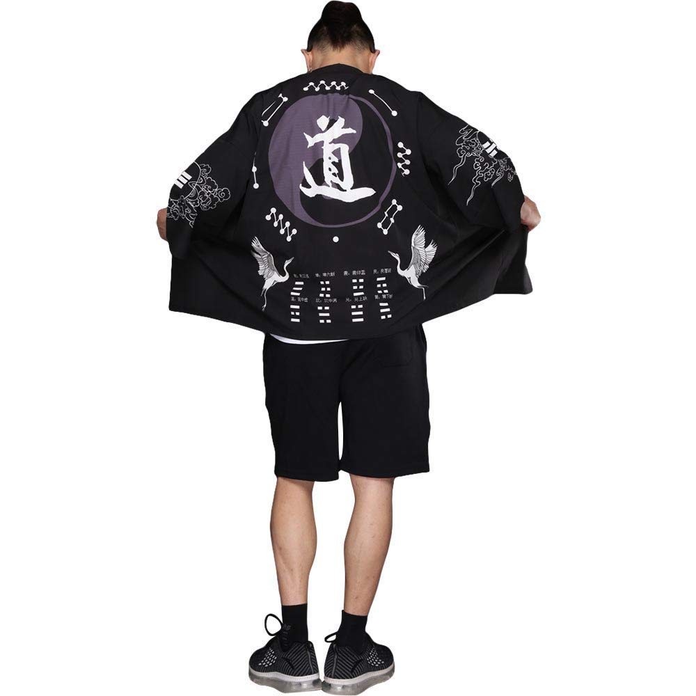 ZooBoo Men Japanese Kimono Cardigan Chinese Style Japanese Robes Cardigan Feather Knitting Coat - Summer (Black)