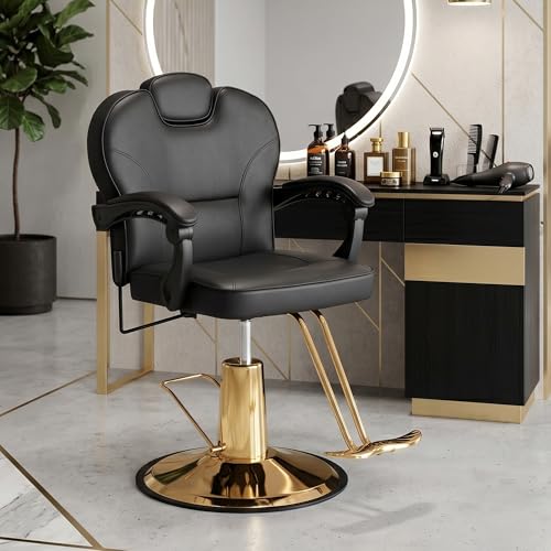 Image of Barber Chair with Heavy Duty Hydraulic Pump, Reclining Salon Chair for Hair Stylist, 360 Swivel 90-140 Backrest Reclining Chairs, Height Adjustable Hair Chair for Barbershop (Gold-Plain)
