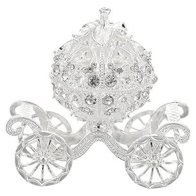 Kisangel Silver Rhinestone Princess Crystal Pumpkin Carriage Trinket Jewelry Box Collectible Figurine Decorative Jewelry Ring Display Holder Table Sculpture