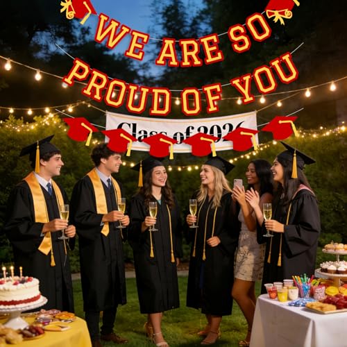 Image of We Are So Proud Of You Banner Graduation Party Decorations Congrats Grad Cap Garlands Wall Sign Red Gold