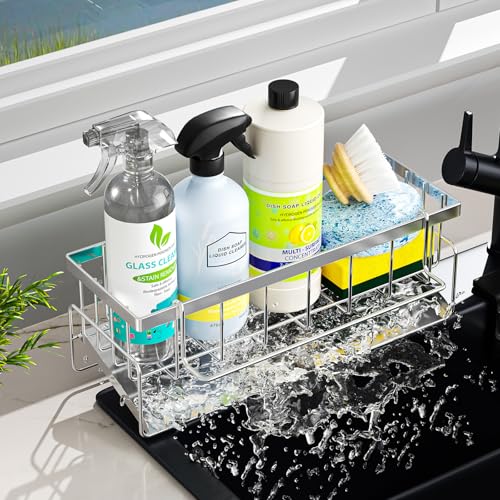 VANZBON Sponge Holder for Kitchen Sink,Stainless Steel Sponge Holder with Self Drain Tray and Hanger,Rustproof Dish Soap Holder&Dish Cloth Holder,Above Kitchen Sink Accessories Organizer,Silver