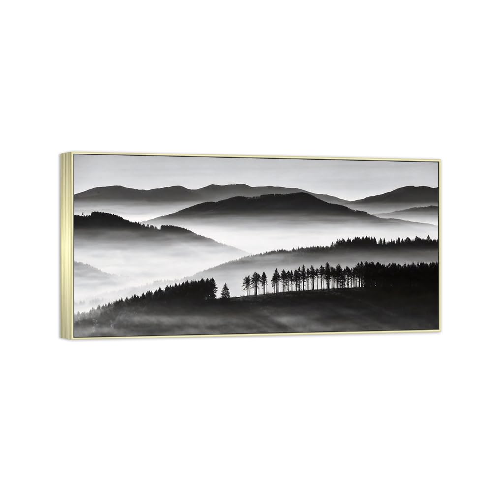 Tree Mountain 3 Black White Landscape Canvas Picture 20x40cm Silver Frame