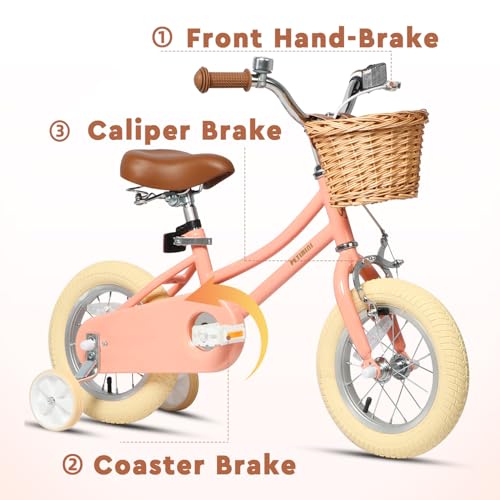 Image of Petimini Vintage Kids Bike for Girls, 12-20 Inch Classic Bicycle with Wicker Basket & Bell, High Tensile Steel Frame, Training Wheels (12-18 inch), 85% Pre-Assembled, Retro Bike for Outdoor Riding