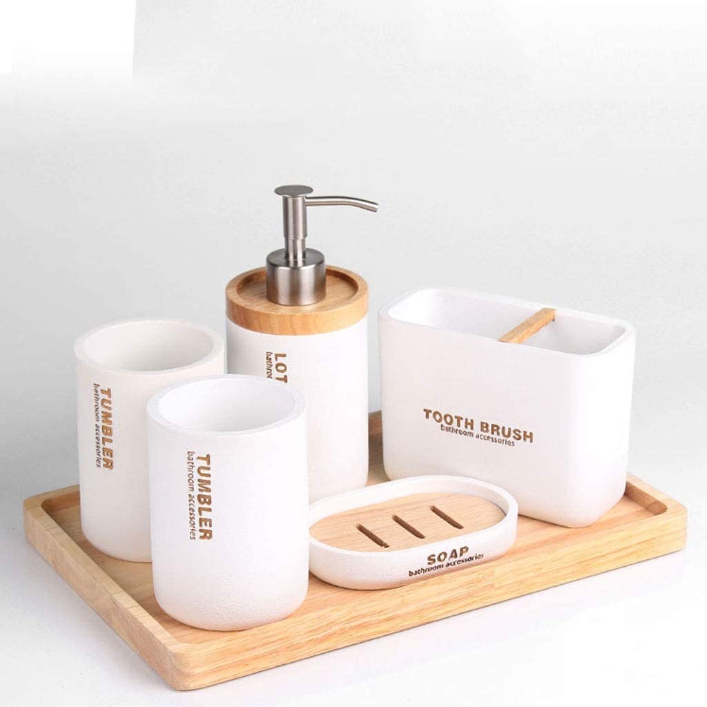 Dispensador Jabón Set Juego De Accesorios De Baño De Resina Nórdica, Dispensador De Jabón De Moda, Soporte para Cepillo De Dientes, Vaso, Jabonera, Baño Baño Accesorios(White,6pcs)