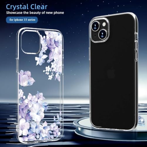 Image of VONZEE Clear Transparent Flower Cover for iPhone 15 Case Shockproof Floral Design Full Camera Protection Shockproof PC+TPU Cover Clear Transparent Flower Case for Girls & Women 6.1 inch (Purple)