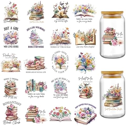AFRITEE UV DTF Cup Wraps - 20 Sheets Vintage Books Uvdtf Tumbler Wrap for 16 oz Glass Water Bottle, Bible Verse Inspirational Quotes Transfer Stickers Decals for DIY Book Lover Creative Gifts Cover