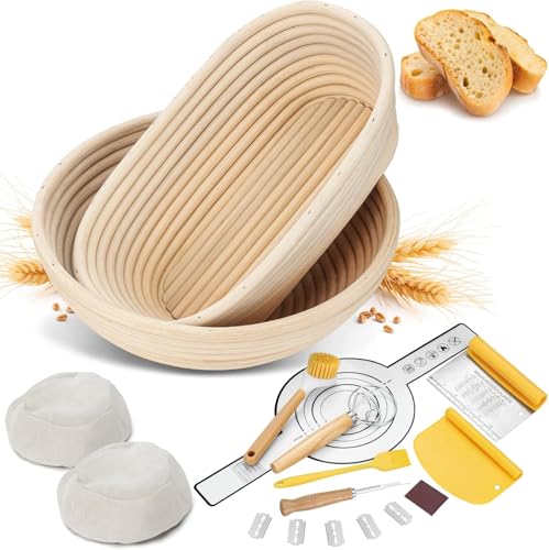 Paniers de fermentation, Pleafind Set de 9 banneton pour pain, 25 Cm Ovale et 23 Cm Rond, Avec Accessoires de panification Facile à nettoyer