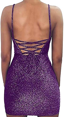 Image of VANCOL Women's Sexy Glitter Spagetti Straps Lace Up Back Bandage Bodycon Mini Club Party Dress