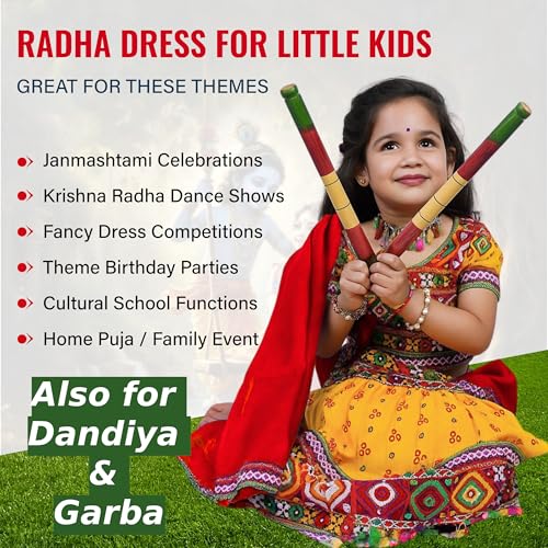 Image of Sarvda Shree Krishna Dress for Baby Boy & Radha Dress for Girls | Janamashtami Dress | Fancy Dress Costume with Accessories Dhoti, Dupatta, Mukut Flute Complete set, Ethnic wear