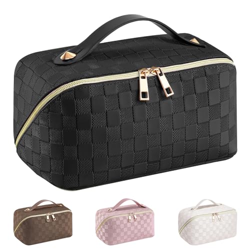 Neceser Viaje Mujer de PU, XXL Organizador Bolsa de Aseo para Maquillaje, Makeup Bag, Necessaire Viajes Accesorios de Mujer (Enrejado-Negro)