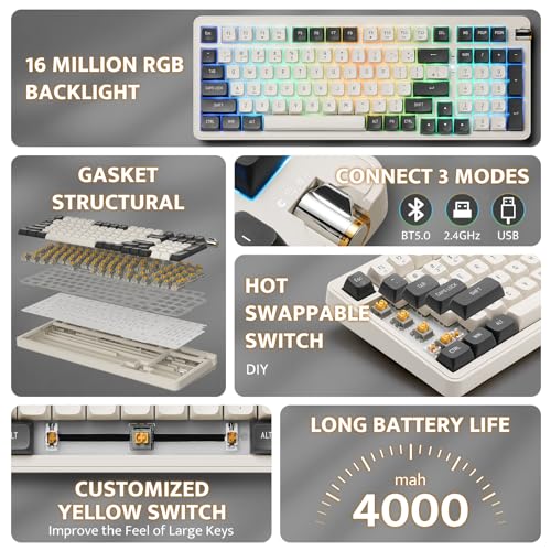 Image of darkFlash DF98 Wireless Mechanical Keyboard, 3-Modes BT /2.4GHz /USB-C, Gasket RGB, Hot Swappable Thocky Keyboard, Pre-lubed Linear Yellow Switch, 98 Keys for PC /Tablet /PS /Xbox(Gray)