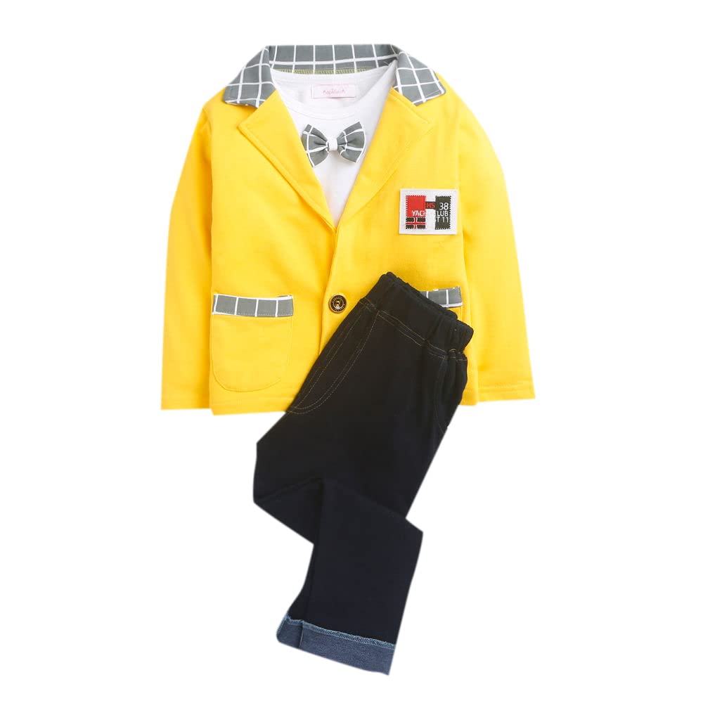 HopscotchBoys Cotton Solid T-Shirt Blazer And Pant Set With Bow In Yellow Color For Ages 12-18 Months (SN-2139872)