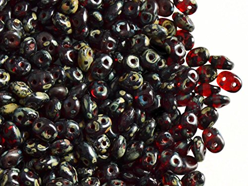 Matubo SuperDuo Beads, 2.5x5 mm, 20 g, cuentas de vidrio prensado checo en la forma de rombo con dos agujeros, Ruby/Travertine Dark
