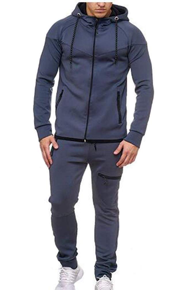 Huixin Dres męski na co dzień moda jednolity kolor dres spodnie dresowe + z zamkiem błyskawicznym bluza top zestaw, Ciemnoniebieski, XXL