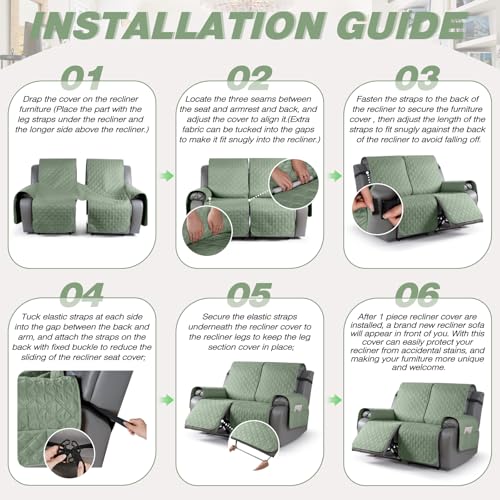 Image of TAOCOCO 100% Waterproof Recliner Covers, Recliner Sofa Covers with Leg Straps, Reversible Recliner Couch Cover for Reclining Chair, Washable Couch Protector for Pets Kids(2 Seater, Sage Green)