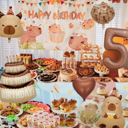 Image of Capybara Birthday Foil Balloon Set, 8-Piece Party Decor (5) | Reusable foil balloon set with capybara, cake,number . Perfect for birthday, baby shower, gender reveal & themed parties